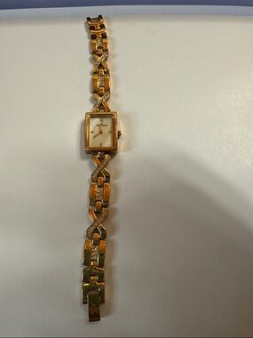 Anne Klein Gold Tone Crisscross Bracelet Watch with Crystal Links